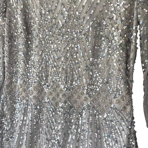 Aidan Mattox Gray Silver Sequin Mini Dress Long Sleeve Boat V Neck Women Size 8 - Picture 4 of 10